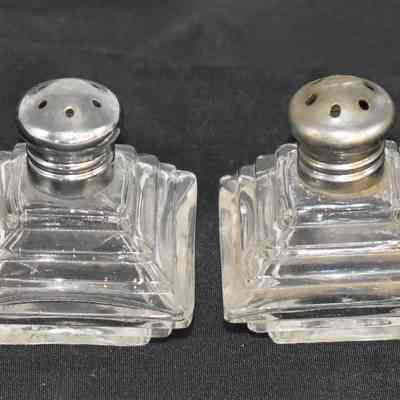 Crystal Irving Rice Co. N.Y. Chrome Tops Salt and Pepper Shakers