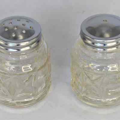 Vintage Pressed Glass Chrome Tops Salt and Pepper Shakers