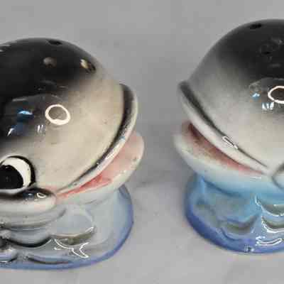 Vintage Ceramic Smiling Whales Salt & Pepper Shakers Mady by Hamilton