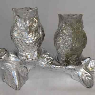 Vintage Plastic Painted Silver Owls on Branch Salt and Pepper Shakers