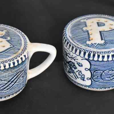 Currier & Ives Blue and White Transferware Salt and Pepper Shakers