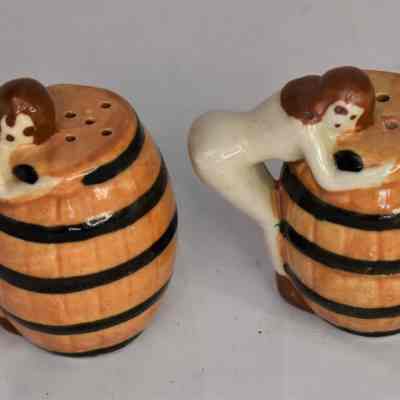 Vintage Ceramic Nude Ladies / Whiskey Barrels Salt and Pepper Shakers