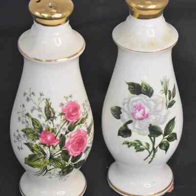 Vintage Porcelain Tall Floral Gold Trim Salt and Pepper Shakers Made in Japan