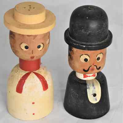 Vintage Wooden Man Woman in Hats Hand Painted Made in Japan Salt and Pepper Shakers