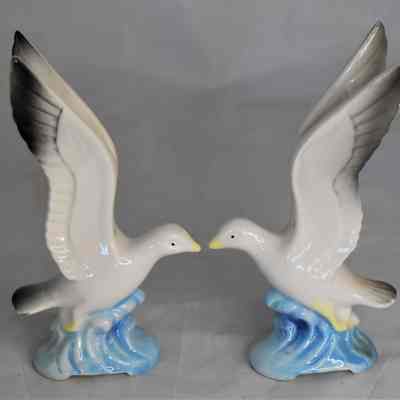 Vintage Nanco Ceramic Flying Seagulls Salt and Pepper Shakers with Original Labels