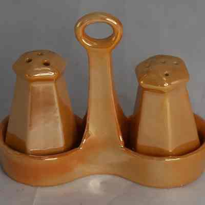 Vintage Peach Lusterware 3 Piece Salt & Paper Shaker Set w/Holder
