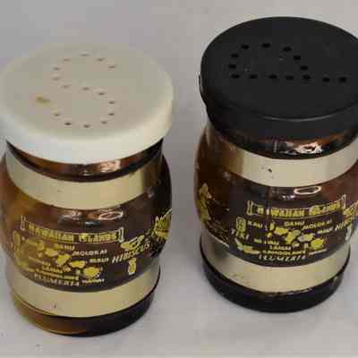Hawaii maps on fronts of shakers.