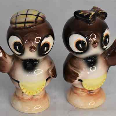 Vintage Ceramic Owls Dressed in Aprons Salt and Pepper Shakers Made in Japan