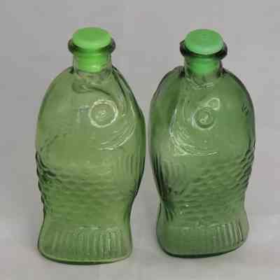 Vintage Fisch's Bitters Koi Fish Green Bottles Salt and Pepper Shakers