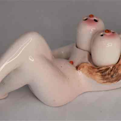 Vintage Ceramic 1950's "Jeweled" Nude Woman Salt and Pepper Shaker 3 Piece Set
