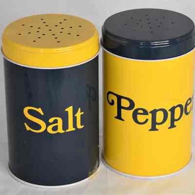 Vintage Retro Large Yellow & Blue Tin Salt and Pepper Shakers with Knobler Hong Kong Label