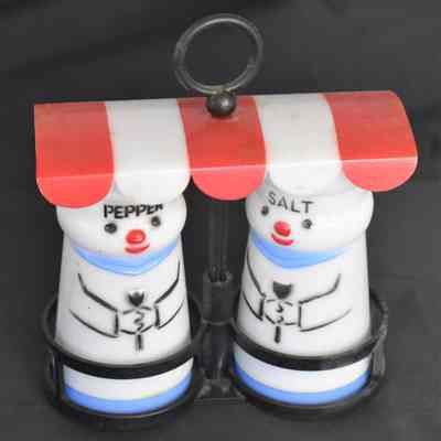 Vintage Plastic Chefs in Red & White Striped Awning Salt and Pepper Shaker Set