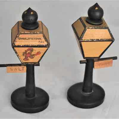 Vintage Wood Souvenir Charlottetown P.E.I. Street Lamps Salt and Pepper Shakers "Wood-Art" by Enterprise