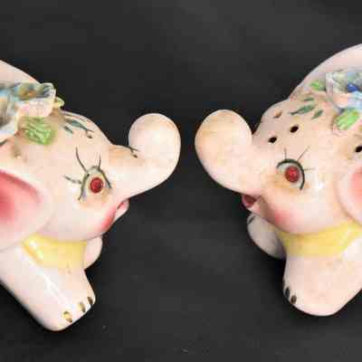 Vintage Wales Jeweled Ceramic Elephants Floral Salt and Pepper Shakers Made in Japan