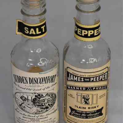 Vintage "Sudden Discomfort" and "James the Peeper" Novelty Whiskey Bottles Salt and Pepper Shakers