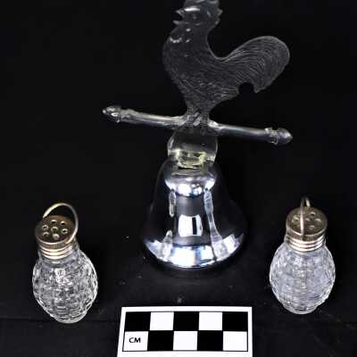 Rooster bell- 2022.1.132a, Lantern- 2022.1.132b, and Lantern- 2022.1.132c