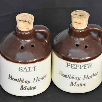 Boothbay Harbor, Maine Souvenir Pottery Moonshine Jugs Salt and Pepper Shakers Made in U.S.A.