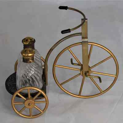 Vintage Metal Tricycle Holder W/Glass Salt and Pepper Shakers