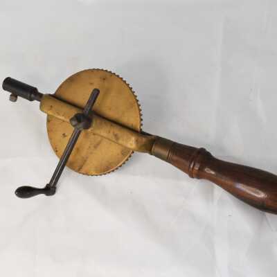 Early Brass Hand Drill with Wooden Handle