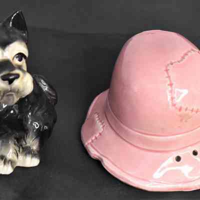 Dog and hat salt and pepper shakers.