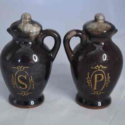 Vintage ceramic brown jug salt and pepper shakers. Made in Japan.