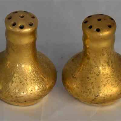 Vintage Hand Painted Gold Porcelain Pickard Salt and Pepper Shakers