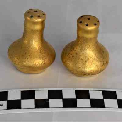Other side and size comparison of Pickard salt and pepper shakers.