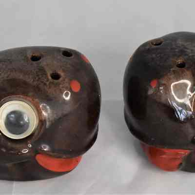 Vintage Redware Pottery Whales Googly Eyes Salt and Pepper Shakers Made in Japan
