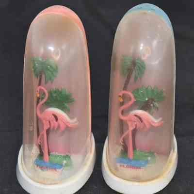 Vintage 1960's Florida Souvenir Plastic Flamingo Snow Globe Salt and Pepper Shakers Made in Hong Kong