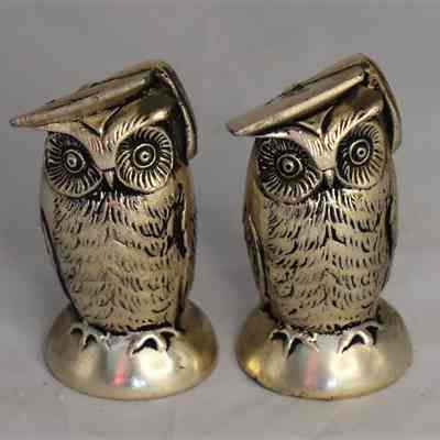 Vintage Gold-Plated Metal Owl Scholars Salt and Pepper Shakers