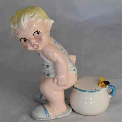 Vintage Ceramic Child on Potty w/Bee Salt and Pepper Shakers Made in Japan