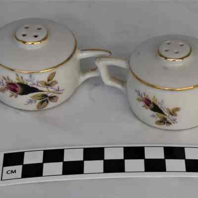 Back and size comparison of teacup salt and pepper shakers.