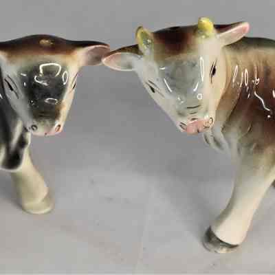 Vintage Hand Decorated Porcelain Bull / Cow Salt and Pepper Shakers Made by Relco in Japan