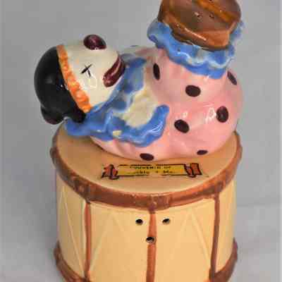 Vintage Ceramic Circus Clown & Drum Salt and Pepper Shakers Made in Japan