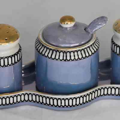 Vintage Blue Lusterware Salt and Pepper Shakers Mustard w/spoon & Tray Set Made in Japan