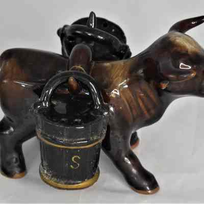Vintage Ceramic Ox with Yoke and Buckets Salt and Pepper Shakers 3 Piece Set Made in Japan
