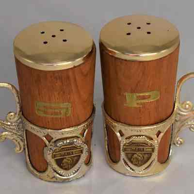 Vintage State of Maine Wooden Salt and Pepper Shakers Handled Holders
