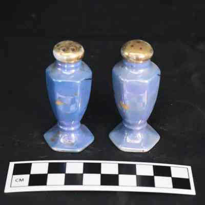 Back and size comparison of the blue lusterware salt and pepper shakers with a bird design.