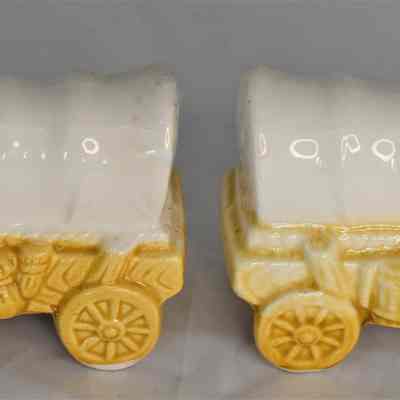 Vintage Ceramic Pioneer Covered Wagons Salt and Pepper Shakers