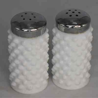Vintage Fenton Milk Glass Hobnail Chrome Top Salt and Pepper Shakers