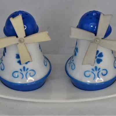 Vintage J.S. N.Y. Plastic Blue & White Windmill Salt and Pepper Shakers with Undertray