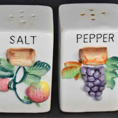 Vintage Ceramic Spice Rack Raised Fruit Design Salt and Pepper Shakers Made in Japan