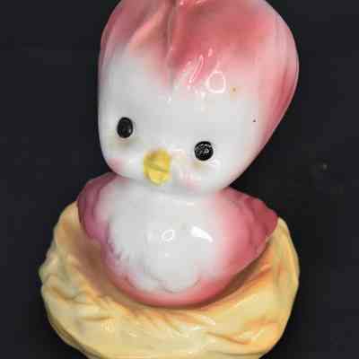 Vintage Ceramic Pink Baby Bird in Nest Salt and Pepper Shakers