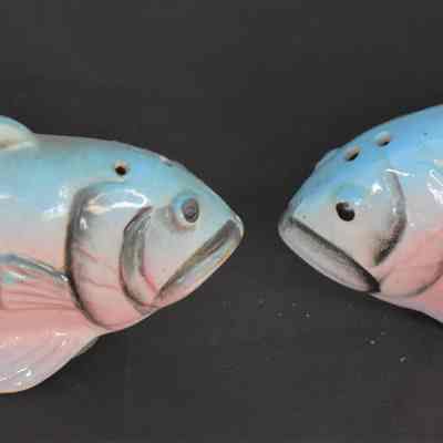 Vintage Ceramic Blue / Pink Fish Salt and Pepper Shakers
