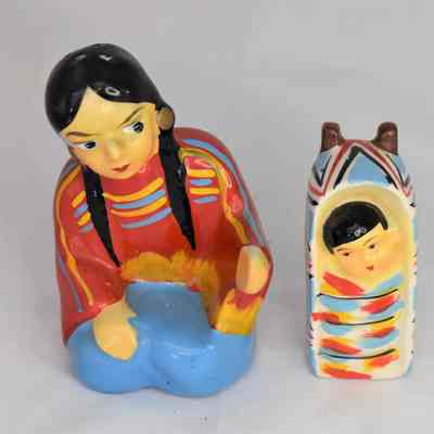 Vintage Native American Mother & Baby Ceramic Salt and Pepper Shakers