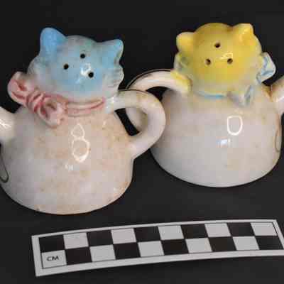 Back and size comparison of watering can with cats salt and pepper shakers.