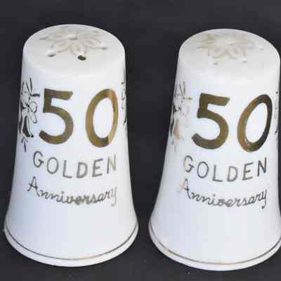 Vintage Ceramic 50th Golden Anniversary Salt and Pepper Shakers Made in Japan