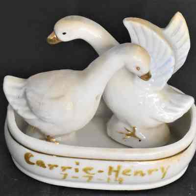 Vintage Ceramic Birds Salt and Pepper Shakers with Basin 3 Piece Set Made in Japan