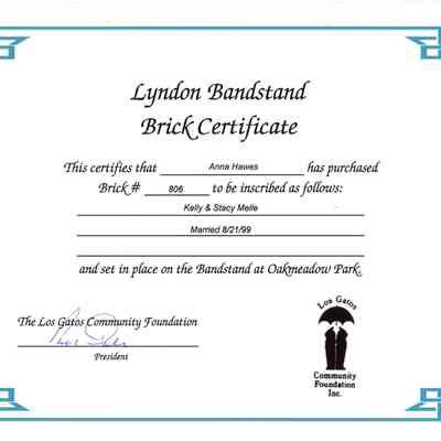 Lyndon Bandstand Brick Certificate