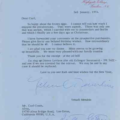 Letter from Yehudi Menuhin to Carl Coate